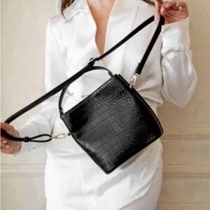 Revolve AOTA Elena Crossbody Bucket Bag in Black Croc Vegan Leather